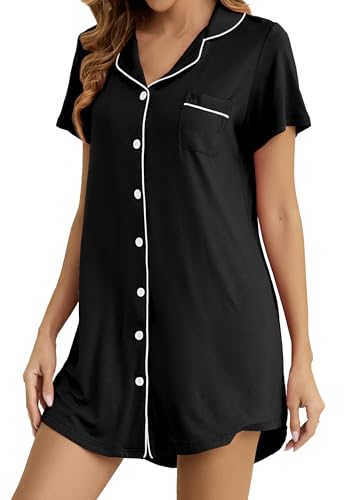 Nightgowns for Women Short Sleeve Button Down Nightshirt Soft Sleepshirt Boyfriend Pajama Dress4