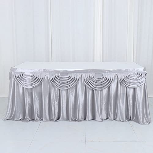Tableclothsfactory Silver Satin Double Drape Table Skirt for Kitchen Dining Catering Wedding Birthday Party Decorations Events 14ft