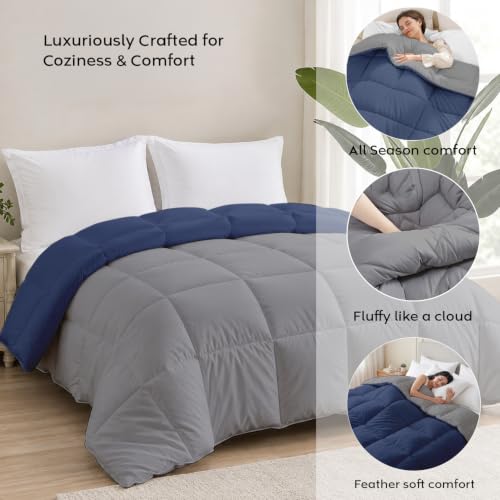 Image of AYKA Reversible Comforter 220 GSM Microfiber Reversible AC Comforter /Blanket for Winter /Quilt /Dohar /Duvets for King Size Blanket /Comforter Double Bed (Navyblue & Grey, 60 * 90 inch)