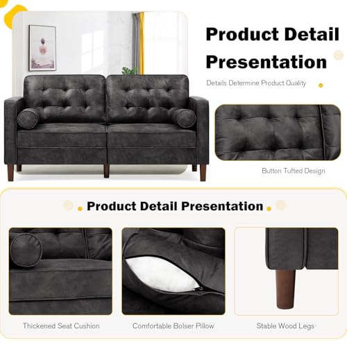 Image of 67 inch Suede Leather 2-seat Sofa with Two Bolster Pillows, Tufted Loveseat with Wooden Legs, Morden Sofa Suitable for Living Room, Office, Black