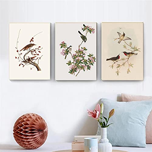 Pintura de la lona de pájaros estilo chino triptico de 50x70 cm sin marco para salon