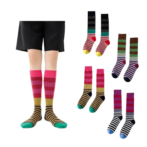 Retro Style Colorful Striped Knee High Socks for Women Soft Cotton Stockings for Sports and Daily Wear