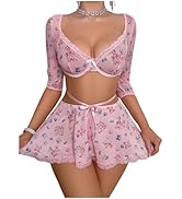 RoseSeek Women's Lace Trim Floral Underwire Lingerie Sets Cute Sheer Babydoll Lingerie Skirts Che...