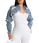 Cropped Denim Jackets for Women Long Sleeve Destroyed Wash Jean Jackets
