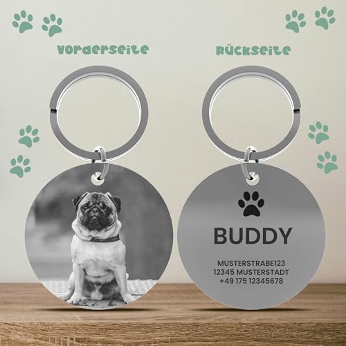 Meinearmbänder Personalisierte Hundemarke mit Foto – ⌀30mm Runder Hundeanhänger aus Edelstahl in Silber – Mit Gravur/Text oder Adresse auf der Rückseite – Robuster ID-Tag für Hunde