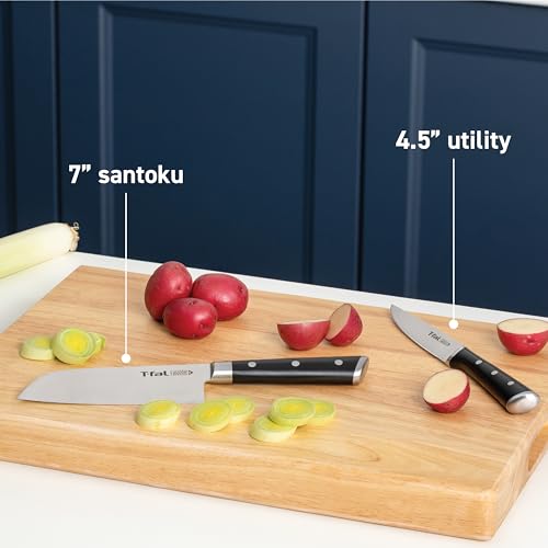 Image of T-Fal Ice Force German Stainless Steel Santoku Knife, Utility knife 2 Piece, Long Lasting Sharpness, High Cutting Precision, Superior Durability, Ultra Sharp, Cookware Kitchen Knife, Cook Tool, Black