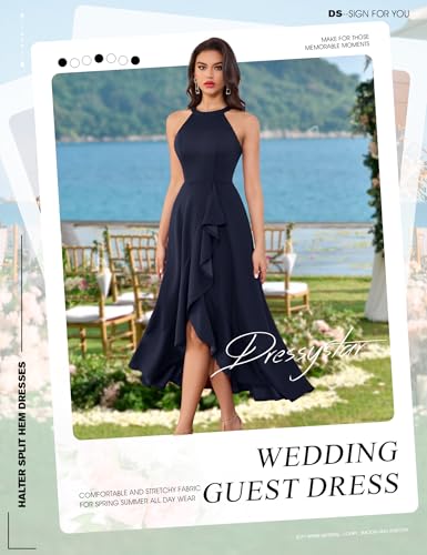 Image of Dressystar Womens 2026 Halter Slit Ruffle Wedding Guest Party Dress Elegant Maxi Long Sleeveless Formal Prom Cocktail Dresses