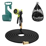 Finether Expandable Garden Hose, Retractible Watering Hose, Hose Pipe with Double Latex Core, High Density Woven Fabric, 3/4 in Brass Fittings, 8 Way Spray Nozzle, Hanger, Storage Bag, Black 50ft