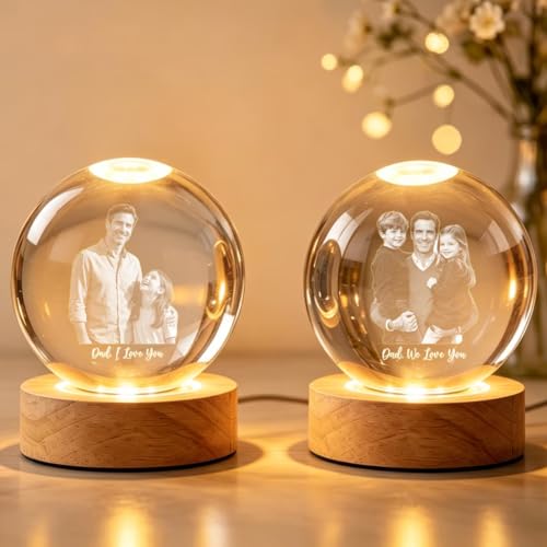 Image of Personalized LED Light Gift for Dad, Custom Photo Crystal Ball Light Night, Fathers Day Gift, Best Dad Ever, Daddy & Kids Portrait Globe