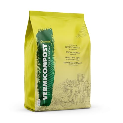 Greenwood 100% Pure Vermicompost 1 Kg for Indoor Plants & Pots | Organic Fertilizer Enriched with Seaweed, Trichoderma & NPK | Natural Earthworm Compost Manure for Home Gardening