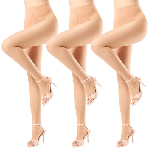 Aaronano 3 Pairs Toeless Pantyhose For Women 20D Sheer Tights Open Toe Stockings with Control Top(Natural S/M)