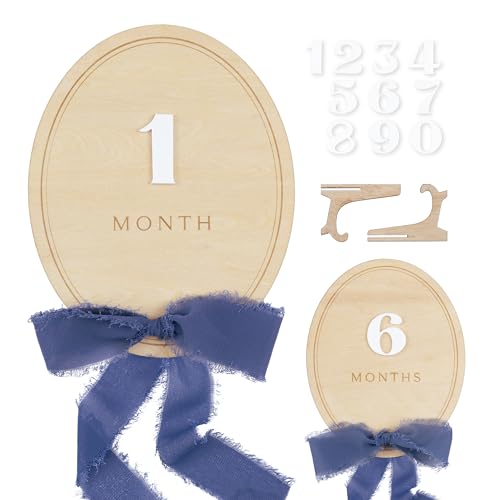 Image of Daisy 3D Baby Monthly Milestone, Wooden Baby Milestone Signs, Monthly Milestone Wood Discs, Baby Milestone Discs (Navy Ribbon)