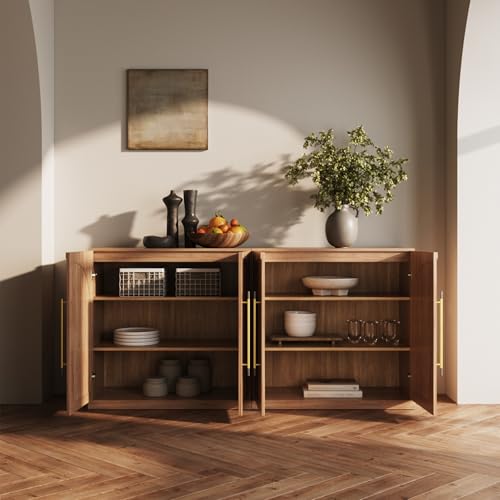 Image of BELLEZE 65 inch Arched Sideboard with Glass Door, Accent Buffet Cabinet with Storage and Adjustable Shelves, Classic Modern Large Console Table for Dining Room Living Room Entryway (Camel)