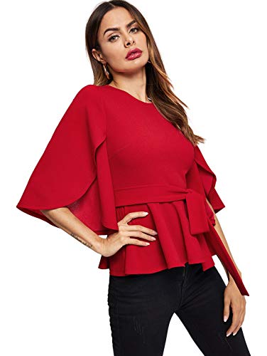 Romwe Women's Split Half Sleeve Zipper Belted Knot Drap Casual Blouse Top Red L #TOP3