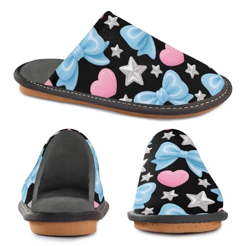 Slippers for Women Blue Bows Pink Hearts Stars Soft Fuzzy Women's Slippers Indoor and Outdoor Shoes2