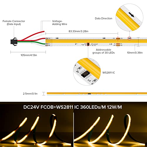 Image of SEZO FCOB IC Addressable LED Strip COB+WS2811 IC 3000K Warm White Chasing High Density 16.4FT /5M DC24V CRI 90+ 360LEDs /M IP30 LED Tape for Indoor DIY Decoration (Not Included SPI Controller)