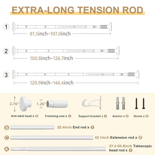 Image of White Tension Curtain Rod 41-146In(4-12Ft), Extra Long Outdoor Curtain Rod No Drilling for Window or Patio, Heavy Duty Shower Rod for Bathroom,Rod Diameter 1.26In(2Pack)