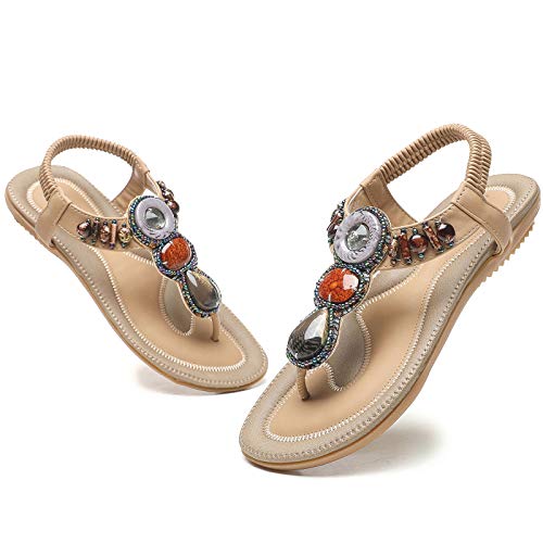 WINZYU Sandale Femme Plate Strass Confortable Été Chaussures Abricot 39 EU Cover