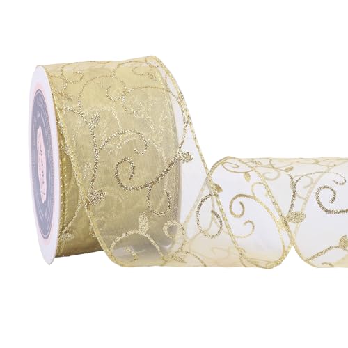 VATIN Swirl Glitter Wired Ribbon,Gold Organza Sheer Ribbon with Gold Metallic Edge, 2-1/2