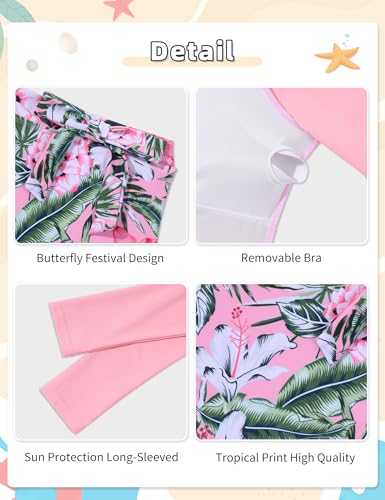 Image of Fuermos Girls Rash Guard Swimsuits 2 Piece Solid Color Long Sleeve Swimsuit and Print Bathing Suit Girls' Swimwear 6-16Y