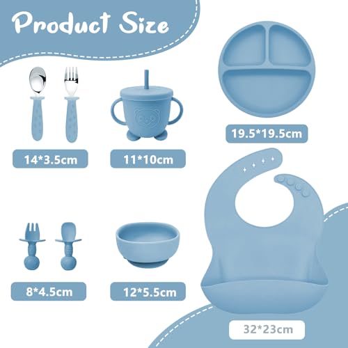 Miniatura 2 de Vajilla De Bebé Silicona, 10 Piezas Juegos De Vajilla Infantil, Cubiertos Con Plato Ventosa, Plato Bebe Ventosa,Tenedor Con Mango De Madera, Bebe De Silicona, Babero Set Vajilla Silicona Bebe