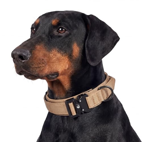 Relux Tactical Dog Collar with Handle, Heavy-Duty Metal Buckle Adjustable Nylon Dog Collar, Soft Padded Training Collar with D-Ring & Patch Panel for Medium Large Dogs (Brown, XL)