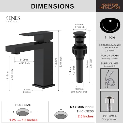 KENES Matte Black Single Handle Bathroom Sink Faucet, Stainless Steel Vanity Faucet for Bathroom Sink, with Pop Up Drain Stopper & Water Supply Hoses LJ-9031-2 by KENES - Used condition - Image 6