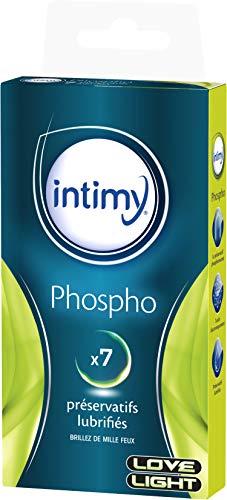 INTIMY - Préservatifs Phospho, x 7 unités - Préservatifs Lubrifiés Avec Réservoir - Surface Lisse - Latex de Qualité Supérieure