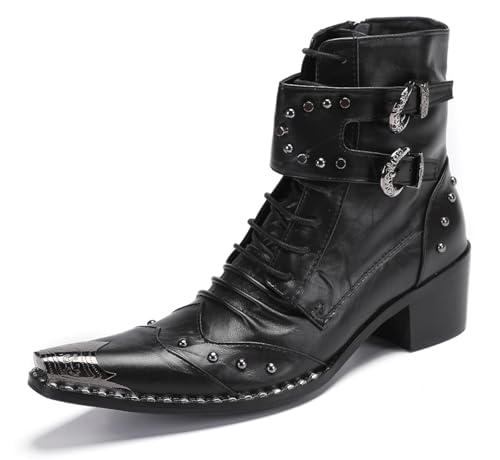Santimon Men's Dress Casual Western Cowboy Boots - Leather Mid-Top Motorcycle Boots with Metal Pointed Toe for Weddings & Parties Disco Bar