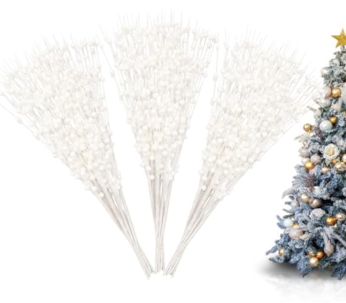 Vitalili 18 Pack Artificial Glitter Berry Stems 15.7in Decorative Christmas Picks Glittery Bead Sticks Branches for Christmas Tree Decorations DIY Wreath Crafts White Christmas Decorations (White)