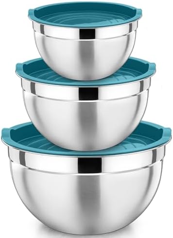 P&P CHEF Blue Mixing Bowls with Lids, Set of 3, Stainless Steel S...