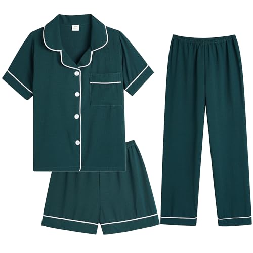 Image of Hupohoi Big Girls Button Down Pajama Set 3pcs Short Sleeve Long Pants with Shorts Crepe Wrinkled Fabric Sleepwear Nighty