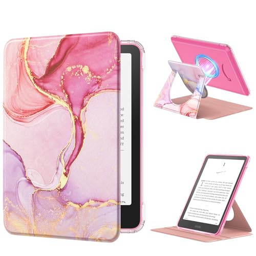 MoKo Funda Giratoria 360°para 7'eBook Reader 12ª Gen 2024, Trasera Transparente Funda Magnética Desmontable con Soporte Ajustable Auto Activación/Reposo,No para TCL Remarkable Kobo, Mármol Dorado Rosa