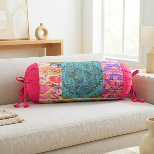 Image of SAJAVAT HOME Printed Multicolour Bolster Cover | 32x15 Inch Round Side Pillow Covers with Adjustable Ties | Stylish Diwan Cushion Covers for Sofa, Bed & Couch Pack of 1