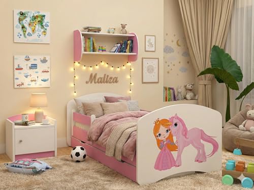 Happy Babies Kinderbett Kinderbett mit Rausfallschutz und Schublade für Mädchen 160x80 mit Matratze 80 x 160 Weiß/Rose ELSA