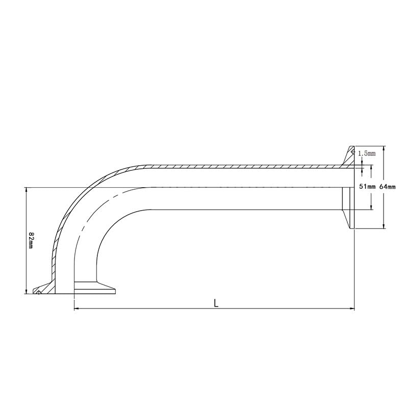 38 mm 51 mm 304 Acero inoxidable Tri abrazadera Radio largo Codo de 90 ° Instalación de tuberías sanitarias(OD51xFerrule64mm,L254mm)