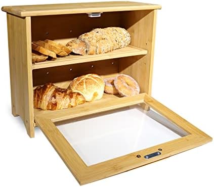 Bamboo Bread Bin, Two-Layer Bread Box , Bread Storage for Kitchen Counter, baked goods, Home-made bread, rolls, pastries