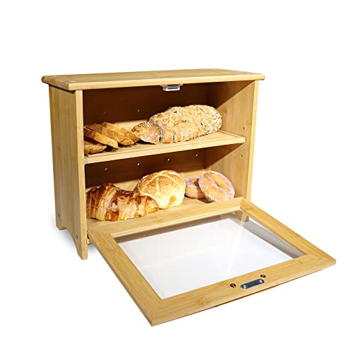 Purenjoy Bamboo Bread Box For Kitchen Counter,Bamboo Bread Bin,Two-Layer Bread Box With Clear Windows,Fully Adjustable Shelf,Bread Box Large(Self-Assembly) #TOP2