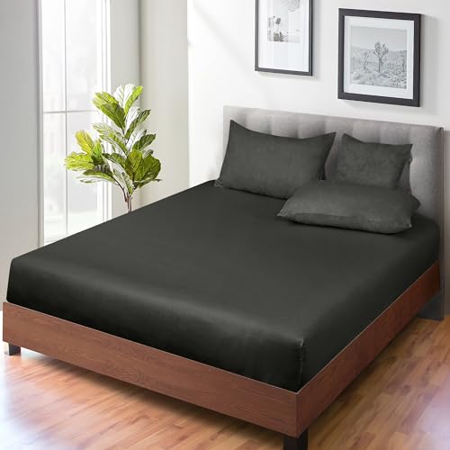 Image of ROYALE LINENS 300 Thread Count 100% Long Staple Combed Cotton Fitted Sheet Twin - Super Soft Deep Pocket Bottom Sheet - Fitted Sheets Only - Elastic Sheets (Twin, Black)