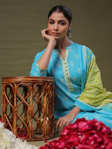 Image of INDO ERA Women Cotton Printed Straight Kurta Palazzos With Dupatta Set