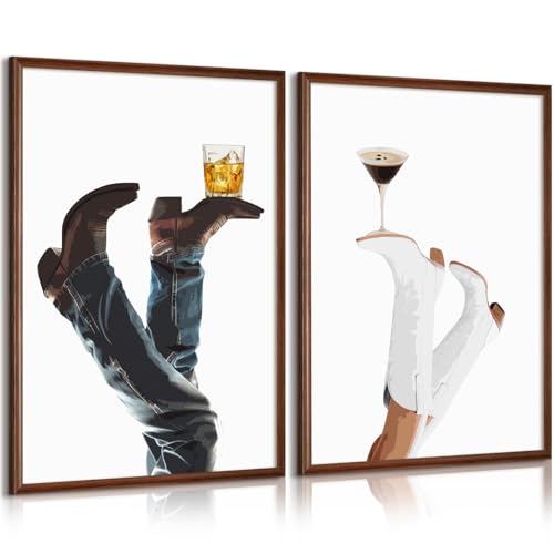 Cowgirl Wall Art Western Canvas Pictures Cowboy Boots Wall Decor Coastal Cowgirl Prints Retro Poster Trendy Preppy Pictures Martini Painting Artwork for Bedroom Living Room 12x16x2 Inch Unframed
