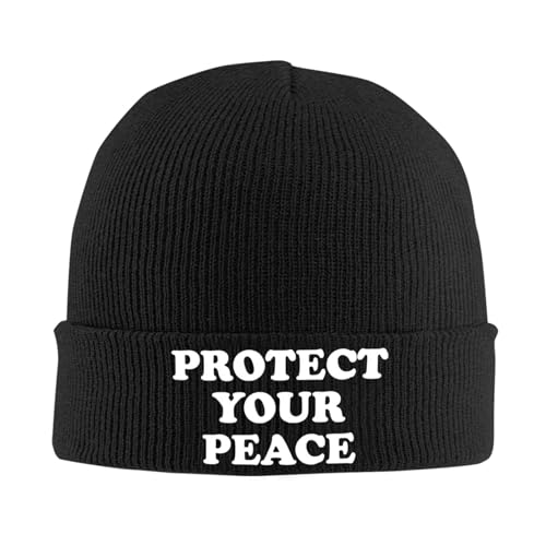 Renzund Protect Your Peace Fashion Hat Warm Winter Knit Skull Beanie Sleep Cap Black