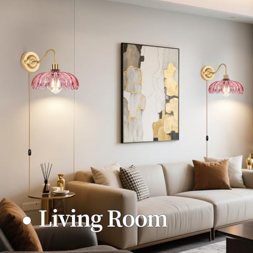 Image of ZECOXOL Vintage Plug in Wall Sconces Set of Two, Glass Wall Sconces Lamps with Flower Lampshade & Dimmable Plug in Cord, Dimmable Sconces Wall Decor Set of 2 Plug in Wall Lights Sconces for Bedroom