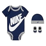 Nike Baby`s Bodysuit, Hat and Booties 3 Piece Set (Blue(LN0073-U9J)/Grey/White, 6-12 Months)