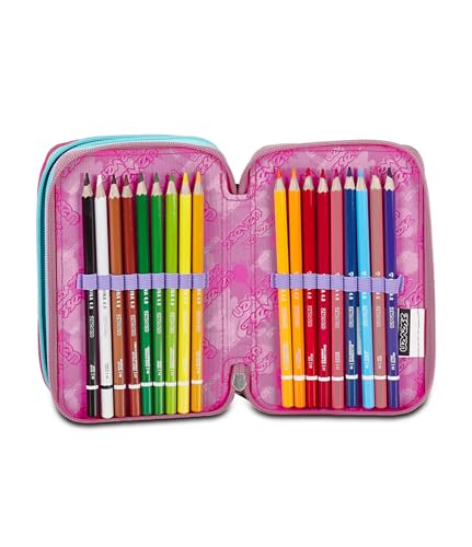 Seven Astuccio Scuola 3 Zip, Nero Viola Fucsia, Mark On Girl, Portapenne Triplo Scomparto Completo Di Penne, Matite, Colori, Accessori Zaino, Elementari, Medie, Bambina - 5
