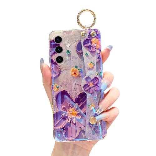 Coque Samsung A15 5G silicone pailletée fleur violette avec cordon