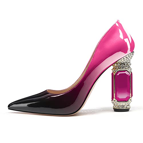 Image of JANSEVEN Women Chunky Heels Pumps Crystal Block Heels with Rhinestones Pointed Toe Sexy Gradient Patent Leather Slip on Bridal Party Wedding Dress Shoes 5-13 M US