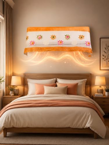 Image of Premium Cotton Net Split AC Cover for 1.5 Ton Indoor Unit | Designer Summer AC Dust Protection Cover | Stylish Protective AC Cover | 38 x 15.35 x 7.8 In | Orange Flower