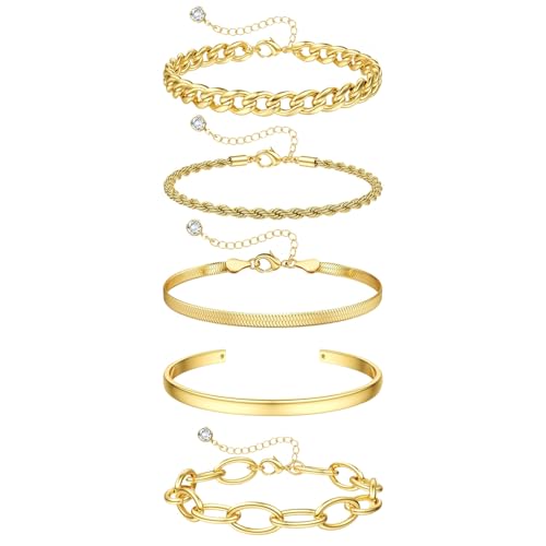 16k Chunky Gold Bracelets for Women Trendy Womens Gold Bracelet Stack Layered Chunky Chain Bracelets Waterproof Link Cuff Herringbone Bracelet Fashion Accessories Gifts for Women