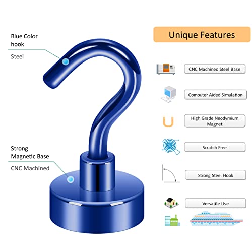 Image of Neosmuk Magnetic Hooks, 22 lb+ Heavy Duty Earth Magnets with Hook for Refrigerator, Extra Strong Cruise Hook for Hanging, Magnetic Hanger for Cabins, Grill (Navy Blue, Pack of 6)